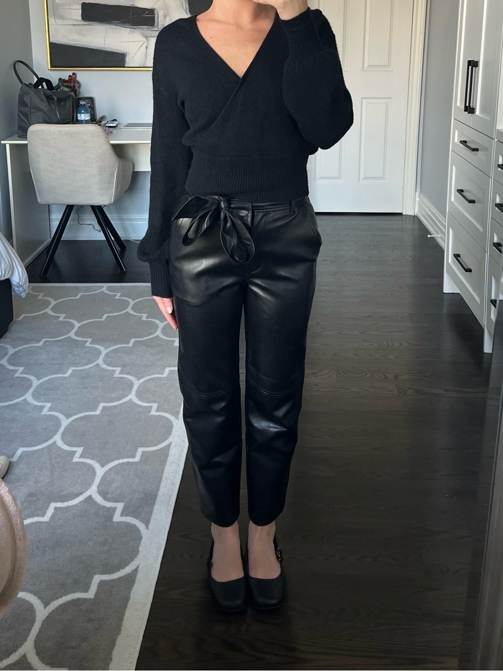 Wilfred Black Faux Leather Straight-Leg Pants With Tie Belt
